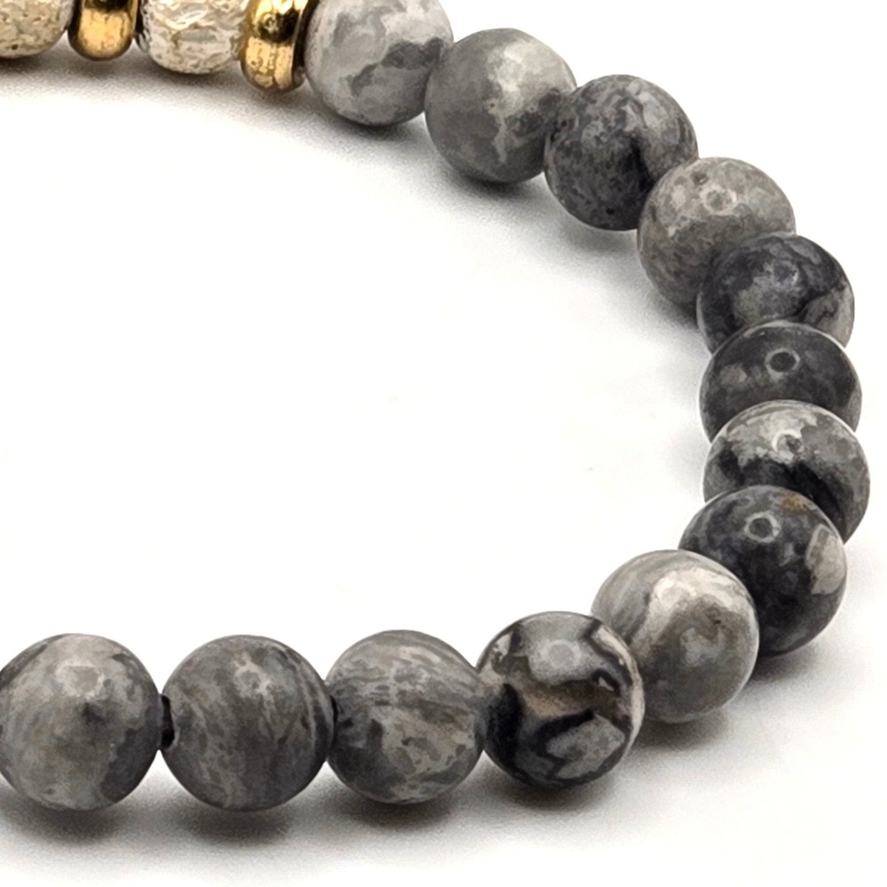 Gray Map Jasper and White Lava Rock 6mm Bead Stretch Bracelet Gold Accents